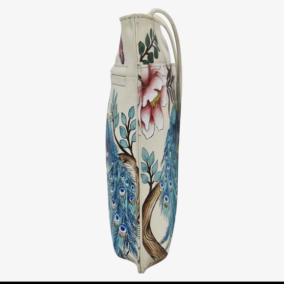 Anuschka Floral Peacock Print Cream Slim Crossbody Bag NWT - Picture 3 of 6